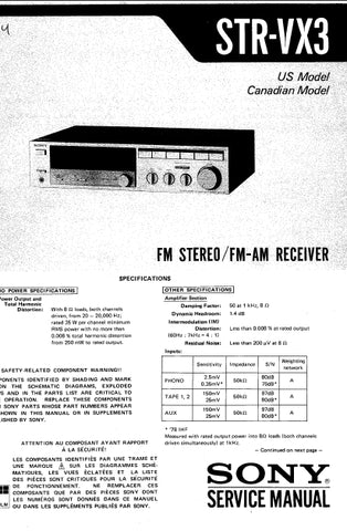 SONY STR-VX3 FM STEREO FM AM RECEIVER SERVICE MANUAL INC SCHEMATIC DIAGRAMS 37 PAGES ENG