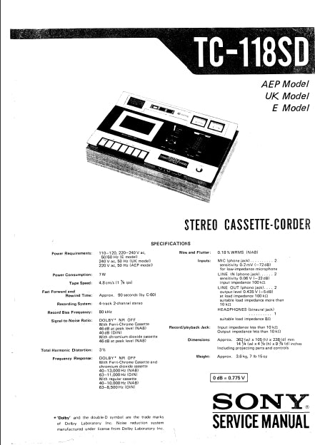 SONY TC-118SD STEREO CASSETTE-CORDER SERVICE MANUAL INC SCHEM DIAGS 19 PAGES ENG