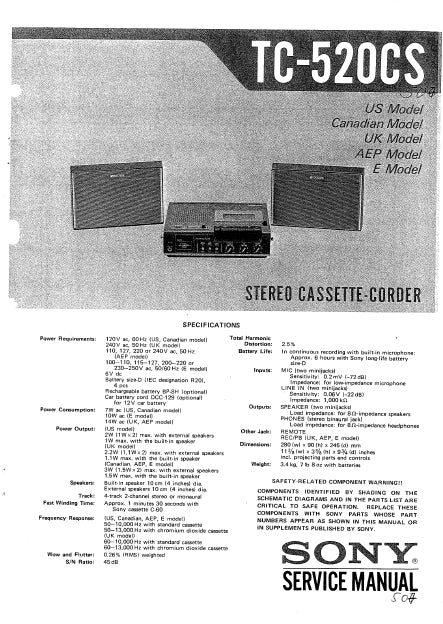 SONY TC-520CS STEREO CASSETTE-CORDER SERVICE MANUAL INC SCHEM DIAGS 24 PAGES ENG