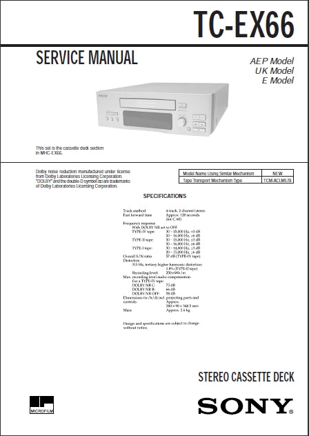SONY TC-EX66 STEREO CASSETTE DECK SERVICE MANUAL INC SCHEM DIAGS 29 PAGES ENG