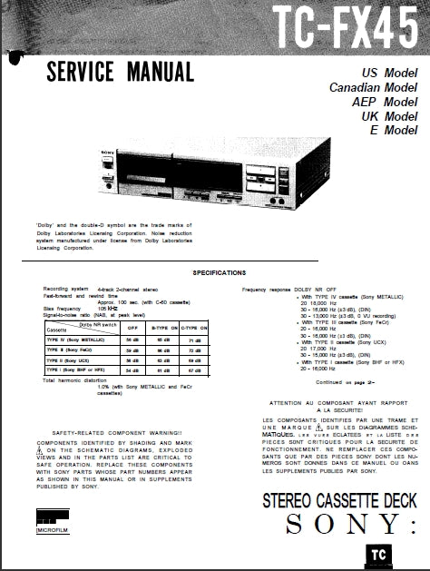 SONY TC-FX45 STEREO CASSETTE DECK SERVICE MANUAL INC SCHEM DIAGS 41 PAGES ENG