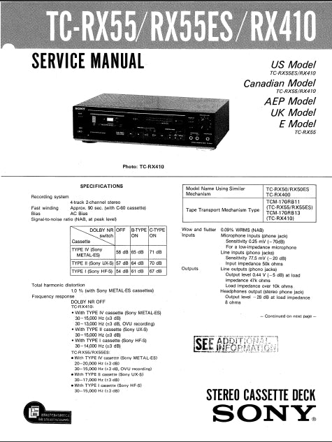 SONY TC-RX55 TC-RX55ES TC-RX410 STEREO CASSETTE DECK SERVICE MANUAL INC SCHEM DIAGS 21 PAGES ENG