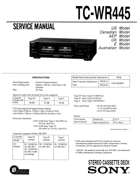 SONY TC-WR445 STEREO CASSETTE DECK SERVICE MANUAL INC SCHEM DIAGS 32 PAGES ENG