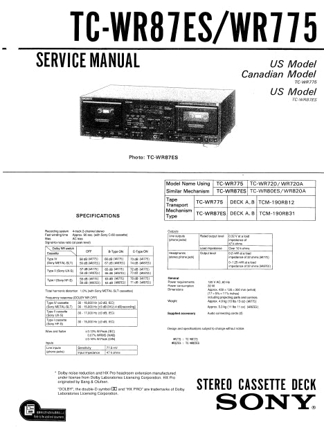 SONY TC-WR87ES TC-WR775 STEREO CASSETTE DECK SERVICE MANUAL INC SCHEM DIAGS 34 PAGES ENG