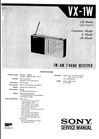 SONY VX-1W FM AM 2 BAND RECEIVER SERVICE MANUAL INC SCHEM DIAGS 15 PAGES ENG