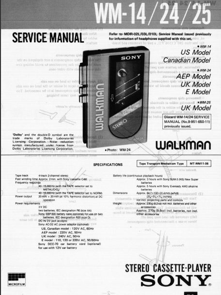 SONY WM-14 WM-24 WM-25 STEREO CASSETTE-PLAYER SERVICE MANUAL INC SCHEM DIAGS 11 PAGES ENG