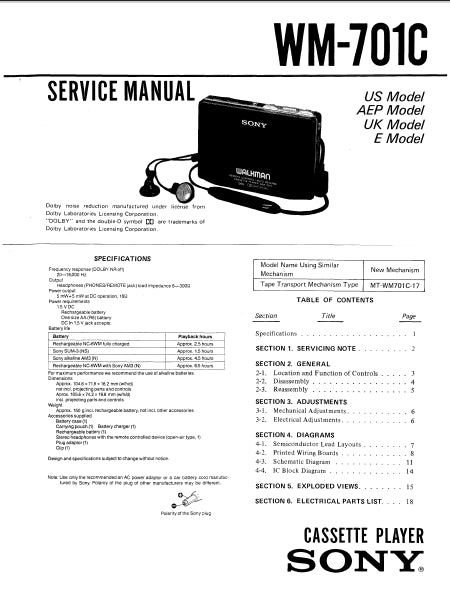 SONY WM-701C CASSETTE PLAYER SERVICE MANUAL INC SCHEM DIAGS 16 PAGES ENG
