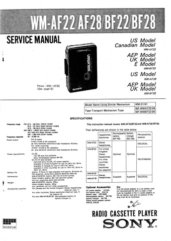 SONY WM-AF22 WM-AF28 WM-BF22 WM-BF28 RADIO CASSETTE PLAYER SERVICE MANUAL INC SCHEM DIAGS 18 PAGES ENG