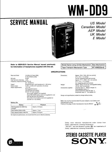 SONY WM-DD9 STEREO CASSETTE PLAYER SERVICE MANUAL INC SCHEM DIAGS 19 PAGES ENG