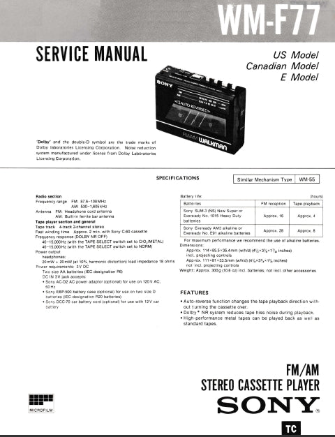 SONY WM-F77 FM AM STEREO CASSETTE PLAYER SERVICE MANUAL INC SCHEM DIAGS 30 PAGES ENG