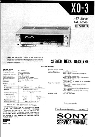 SONY X0-3 STEREO DECK RECEIVER SERVICE MANUAL INC SCHEM DIAGS 38 PAGES ENG