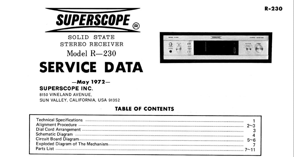 SUPERSCOPE R-230 SOLID STATE STEREO RECEIVER SERVICE DATA INC PCBS SCHEM DIAG AND PARTS LIST 12 PAGES ENG