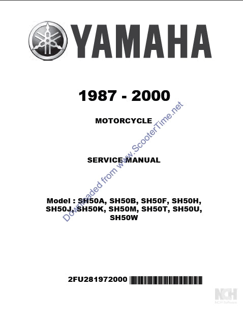 YAMAHA SH50A SH50B SH50F SH50H SH50K SH50M SH50T SH50U SH50W MOTORCYCLE SERVICE MANUAL 185 PAGES ENGLISH