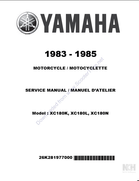 YAMAHA XC180K XC180L XC180N MOTORCYCLE/MOTOCYCLETTE SERVICE MANUAL/MANUEL D'ATELIER 369 PAGES ENGLISH FRANCAIS