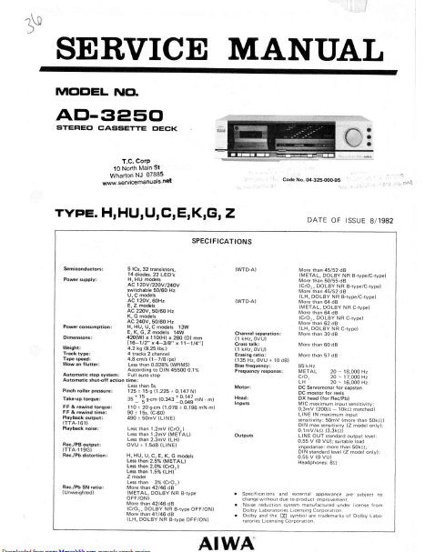AIWA AD-3250 STEREO CASSETTE DECK SERVICE MANUAL INC PCBS SCHEM DIAGS AND PARTS LIST 13 PAGES ENG
