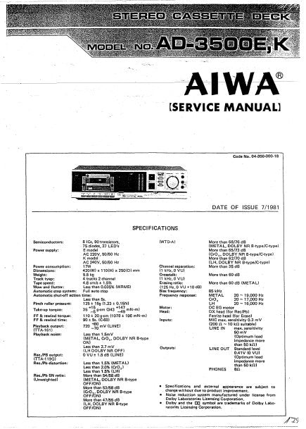 AIWA AD-3500E, K STEREO CASSETTE DECK SERVICE MANUAL INC PCBS SCHEM DIAG AND PARTS LIST 24 PAGES ENG