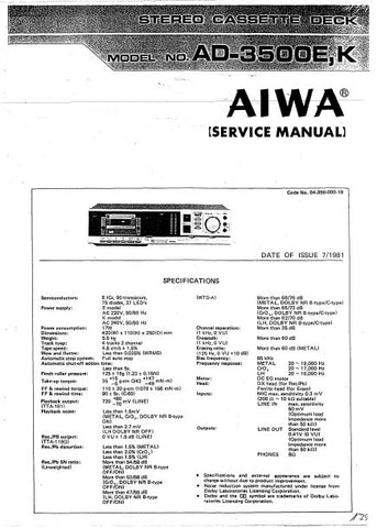 AIWA AD-3500E, K STEREO CASSETTE DECK SERVICE MANUAL INC PCBS SCHEM DIAG AND PARTS LIST 24 PAGES ENG