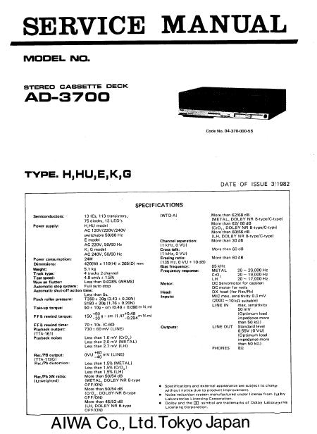 AIWA AD-3700 STEREO CASSETTE DECK SERVICE MANUAL INC PCBS SCHEM DIAGS AND PARTS LIST 26 PAGES ENG