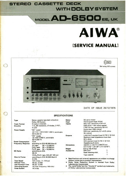 AIWA AD-6500 EE, UK STEREO CASSETTE DECK SERVICE MANUAL INC BLK DIAG PCBS SCHEM DIAG WIRING DIAG AND PARTS LIST 36 PAGES ENG
