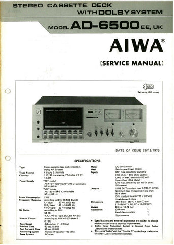 AIWA AD-6500 EE, UK STEREO CASSETTE DECK SERVICE MANUAL INC BLK DIAG PCBS SCHEM DIAG WIRING DIAG AND PARTS LIST 36 PAGES ENG