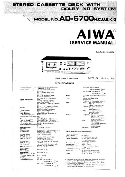 AIWA AD-6700H, C, U,E, K, G STEREO CASSETTE DECK SERVICE MANUAL INC PCBS LEVEL DIAG SCHEM DIAG AND PARTS LIST 31 PAGES ENG