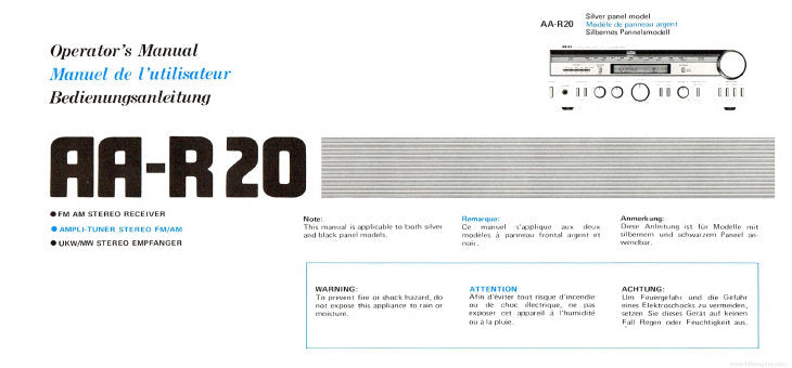 AKAI AA-R20 FM AM STEREO RECEIVER OPERATOR'S MANUAL INC CONN DIAG AND TRSHOOT GUIDE 14 PAGES ENG FRANC DEUT