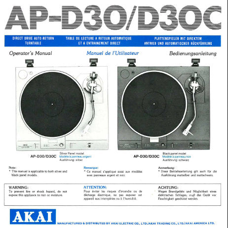 AP-D30 AP-D30C DIRECT DRIVE AUTO RETURN TURNTABLE OPERATOR'S MANUAL INC CONN DIAG 14 PAGES ENG FRANC DEUT