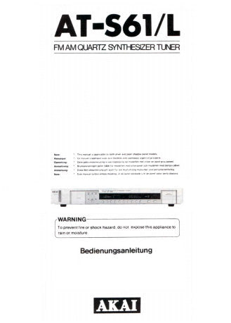 AKAI AT-S61 AT-S61L FM AM STEREO QUARTZ SYNTHESIZER TUNER BEDIENUNGSANLEITUNG MIT ANSCHLUSSE 7 SEITE DEUT