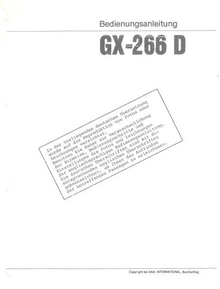 AKAI GX-266D REEL TO REEL STEREO TONBANDGERAT BEDIENUNGSANLEITUNG 24 PAGES DEUTSCH