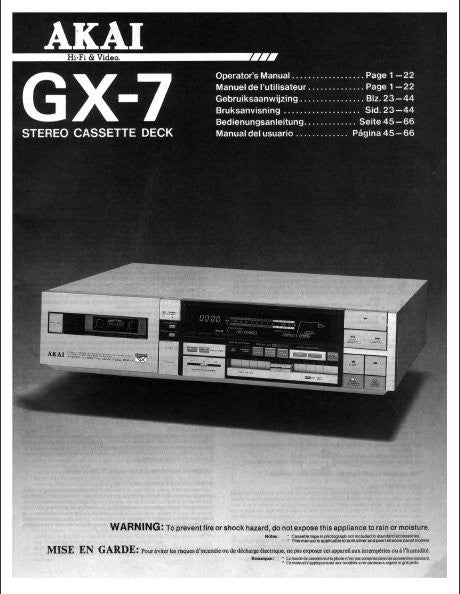 AKAI GX-7 STEREO CASSETTE TAPE DECK OPERATOR'S MANUAL MANUEL DE L'UTILISATEUR INC CONN DIAGS AND TRSHOOT GUIDE 24 PAGES ENG FRANC