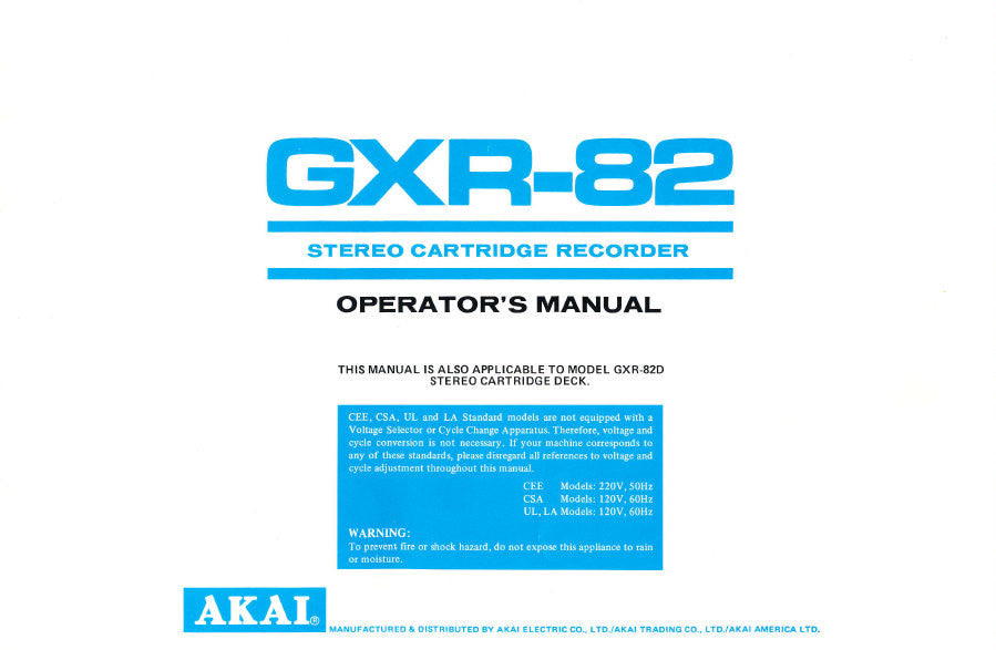 AKAI GX-R82 GX-R82D 8 TRACK STEREO CARTRIDGE TAPE RECORDER OPERATOR'S MANUAL INC CONN DIAGS 8 PAGES ENG