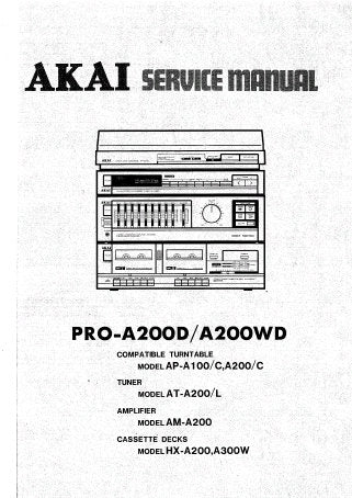 AKAI PRO-A200D PRO-A200WD AP-A100 AP-A100C AP-A200 AP-A200C COMPATABLE TURNTABLE AT-200 AT-200L TUNER AM-200 AMPLIFIER HX-A200 HX-A300 STEREO CASSETTE TAPE DECK SERVICE MANUAL INC BLK DIAGS PCB'S SCHEM DIAGS AND PARTS LIST 93 PAGES ENG