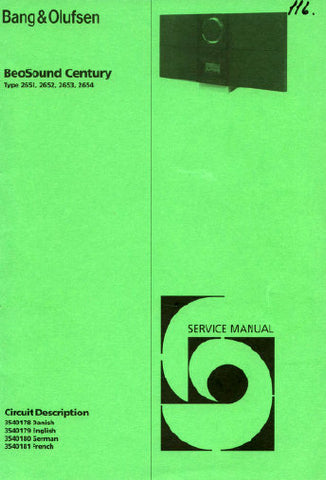 BANG & OLUFSEN BEOSOUND CENTURY TYPE 2651-2654 CD RECEIVER RECORDER SERVICE MANUAL INC BLK DIAGS PCBS SCHEM DIAGS AND PARTS LIST 76 PAGES ENG