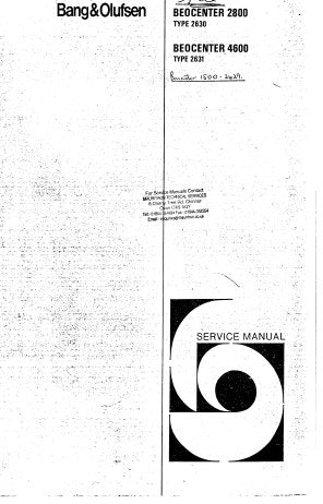 BEOCENTER 1500 TYPE 2629 BEOCENTER 2800 TYPE 2630 BEOCENTER 4600 TYPE 2631 RECORD DECK FM AM TUNER SERVICE MANUAL INC SCHEM DIAGS PCBS AND PARTS LIST 67 PAGES ENG