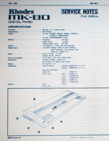 ROLAND RHODES MK-80 DIGITAL PIANO SERVICE NOTES FIRST EDITION INC SCHEMS AND PARTS LIST 34 PAGES ENG