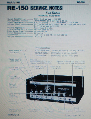 ROLAND RE-150 SPACE ECHO ECHO CHAMBER SERVICE NOTES FIRST EDITION INC SCHEMS AND PARTS LIST 7 PAGES ENG