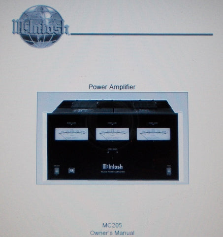 McINTOSH MC205 FIVE CHANNEL POWER AMP OWNER'S MANUAL INC INSTALL DIAG AND CONN DIAGS 20 PAGES ENG