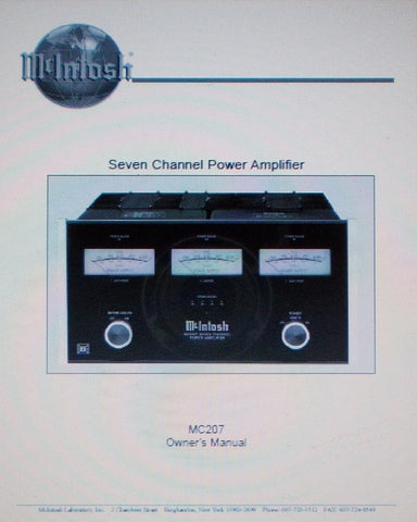 McINTOSH MC207 SEVEN CHANNEL POWER AMP OWNER'S MANUAL INC INSTALL DIAG AND CONN DIAGS 24 PAGES ENG