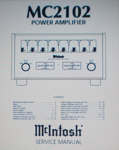 McINTOSH MC2102 POWER AMP SERVICE MANUAL INC SCHEMS AND PARTS LIST 34 PAGES ENG