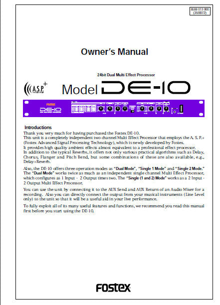 FOSTEX DE-10 24 BIT DUAL MULTI EFFECT PROCESSOR OWNER'S MANUAL 22 PAGES ENG