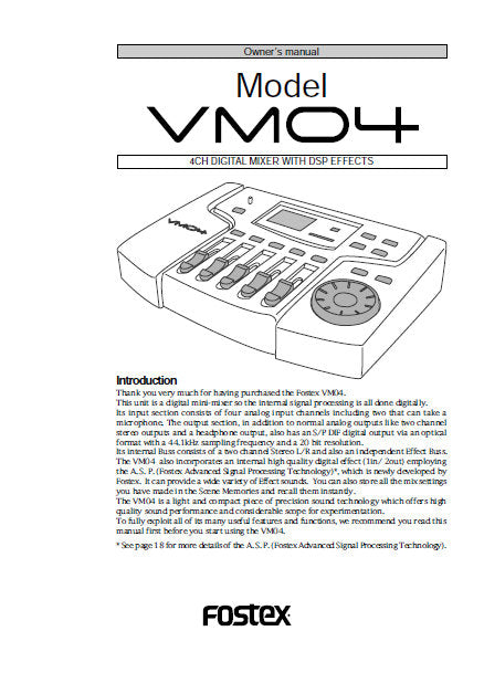 FOSTEX VM04 4 CHANNEL DIGITAL MIXER WITH DSP EFFECTS MIXER OWNER'S MANUAL 27 PAGES ENG