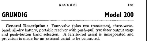 GRUNDIG 200 PORTABLE RECEIVER SERVICE MANUAL INC SCHEM DIAGS 3 PAGES ENG