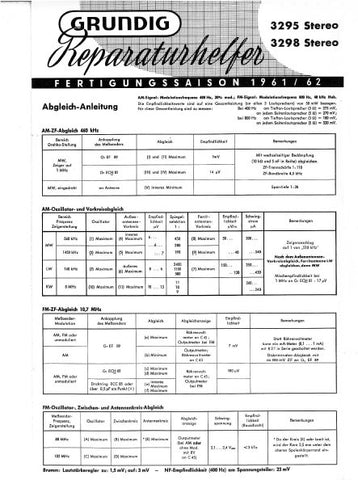 GRUNDIG 3295 3298 STEREO RADIO REPARATURHELFER ABLEICH-ANLEITUNG MIT SCHALTPLANS 3 SEITE DEUTSCH