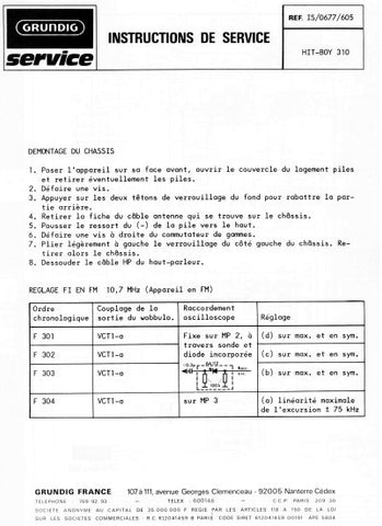 GRUNDIG HIT BOY 310 RADIO INSTRUCTIONS DE SERVICE INC PCBS AND SCHEM DIAG 5 PAGES FRANC