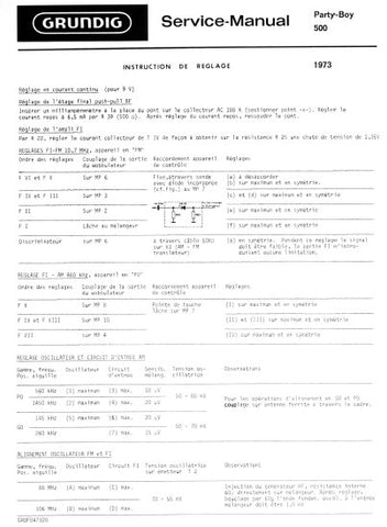GRUNDIG PARTY BOY 500 RADIO SERVICE MANUAL INSTRUCTIONS DE REGLAGE INC PCBS AND SCHEM DIAG 5 PAGES FRANC