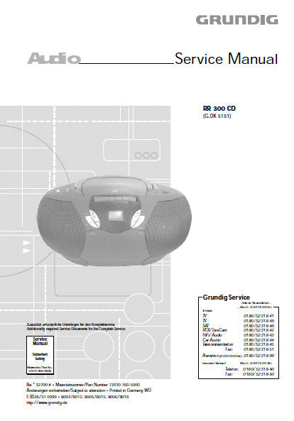 GRUNDIG RR300 CD CD RADIO CASSETTE TAPE RECORDER SERVICE MANUAL INC PCBS SCHEM DIAGS AND PARTS LIST 24 PAGES ENG DEUT