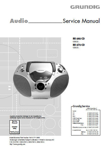 GRUNDIG RR640CD RR670CD CD  STEREO FM RADIO CASSETTE TAPE RECORDER SERVICE MANUAL INC BLK DIAGS PCBS SCHEM DIAGS AND PARTS LIST 36 PAGES ENG DEUT
