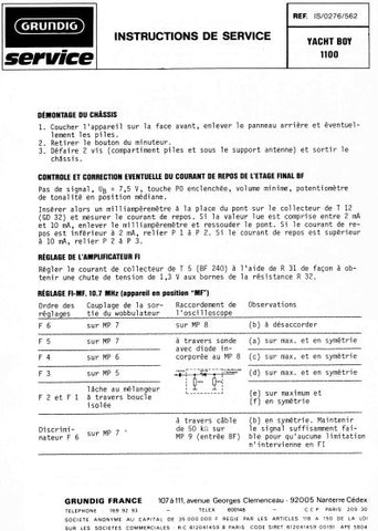 GRUNDIG YACHT BOY 1100 RADIO INSTRUCTIONS DE SERVICE INC PCB AND SCHEM DIAG 6 PAGES FRANC