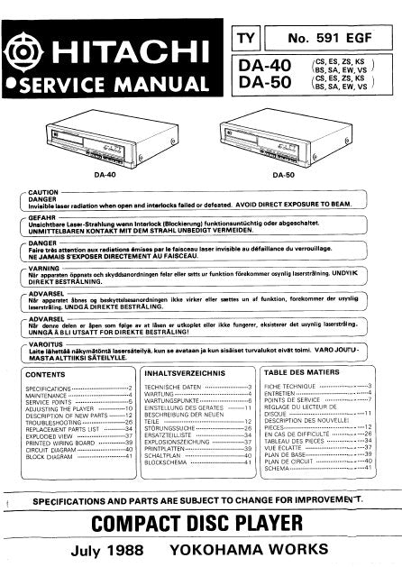 HITACHI DA-40 DA-50 CD PLAYER SERVICE MANUAL INC BLK DIAG PCBS SCHEM DIAG AND PARTS LIST 43 PAGES ENG