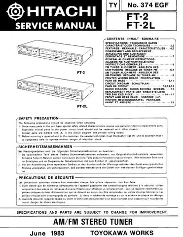 HITACHI FT-2 FT-2L AM FM STEREO TUNER SERVICE MANUAL INC BLK DIAG PCBS SCHEM DIAGS AND PARTS LIST 18 PAGES ENG